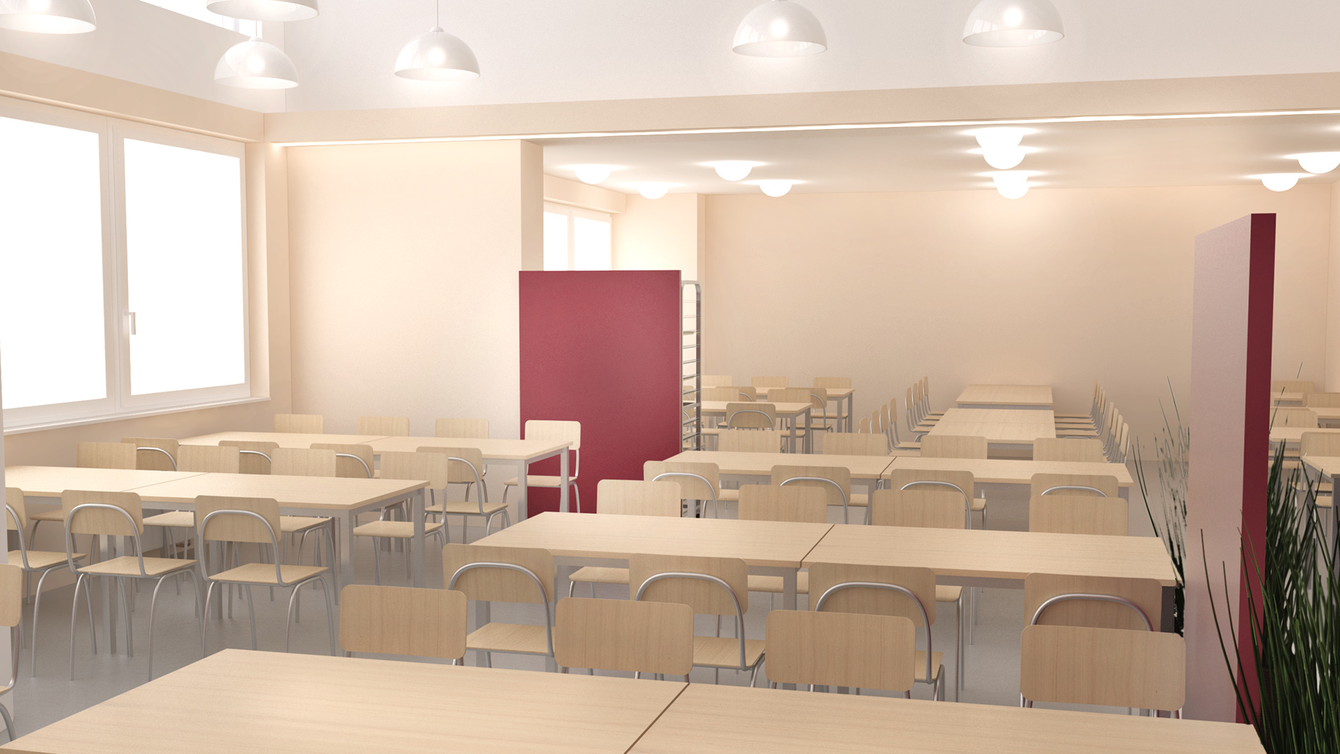Architektonický návrh řešení rekonstrukce jídelny střední školy v Nuslích. Návrh spočívá v rozdělení místosti opticky svítidly a designem podlahy z vinylu.Závěsná svítidla je jedné