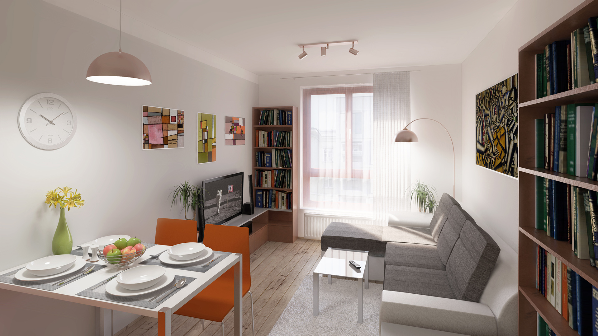 Rekonstrukce bytu 2 + kk v Hostivici. V obývacím pokoji je umístěna velká šedobílá sedačka, která se dá příležitostně rozložit. Světle šedostříbrná výmalba se objevuje na protější