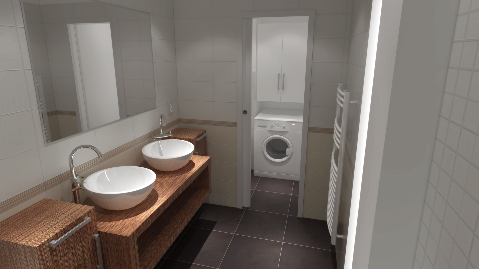 Celková rekonstrukce bytu v Praze v Bráníku. Změna dispozice koupelny a toalety umožnila zvětšit prostor celé koupelny a zároveň oddělit dveřma prostor toalety s pračkou v nice. Doba realizace