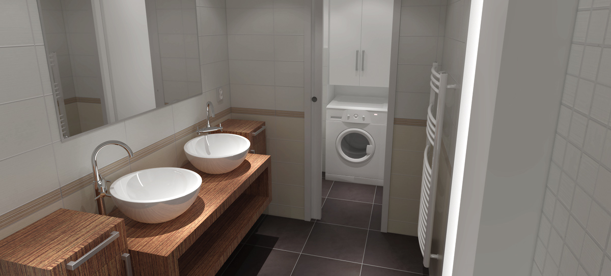 Celková rekonstrukce bytu v Praze v Bráníku. Změna dispozice koupelny a toalety umožnila zvětšit prostor celé koupelny a zároveň oddělit dveřma prostor toalety s pračkou v nice. Doba realizace 8 týdnů.