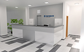 The architectural design of the reception for the company CKD Prague Vysocany. Průmyslovost determine the design and colors like metallic gray and white gloss. Blue carpet in hues of company logos. The gray paint on the wall showcases white cabinets in gloss. Author: Ing. arch. Marie Kulíková