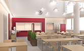 The architectural design solutions reconstruction cafeteria secondary schools in Nusle. The proposal consists of optically svítidlama room before the distribution and design of floor lamps vinylu.Svěžená is one part of the room combined with a look that hides lamps shining lining the perimeter mísnosti. Another part of the room is equipped with ceiling svítidly.Vínově red dining room gives freshness. The proposal is being worked out by dividing opticaly entering the dining table dining with leaves and flowers in large pots. Burgundy sheets covering the area Brackets for trays. The entire dining room remains clean. Author: Ing. arch. Marie Kulíková